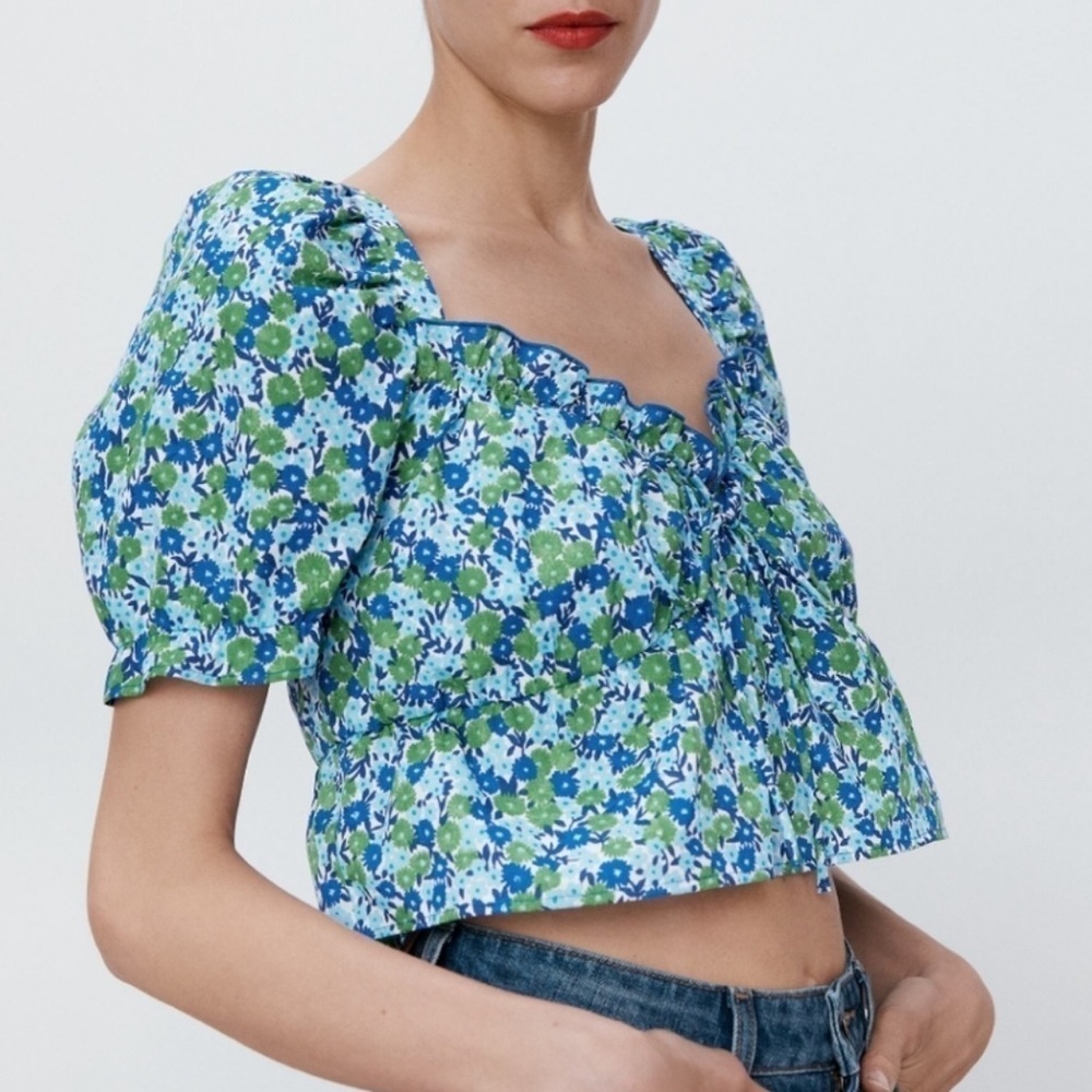 Zara Womens Small Ditsy Floral Puff Sleeve Crop Blouse Exposed Zip Back Cotton